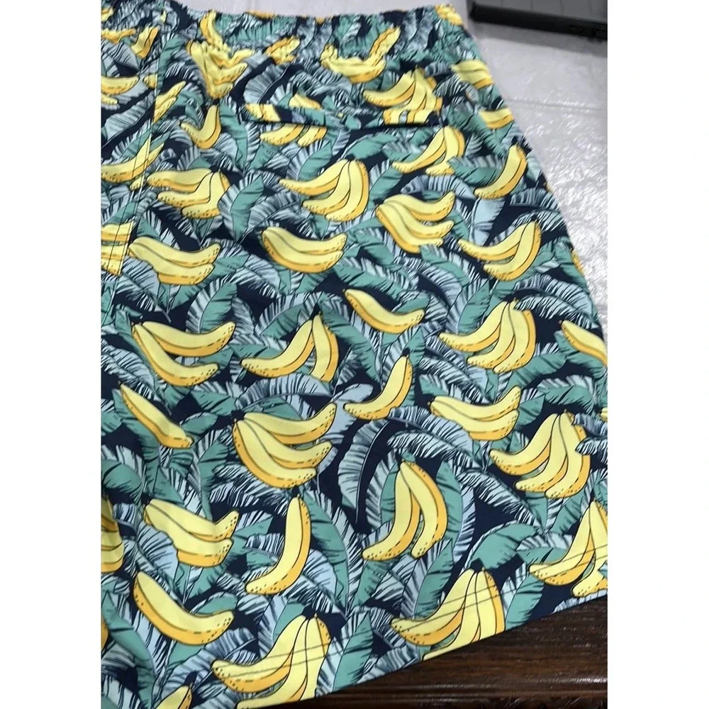 Resort Swim Trunks Mens XL Blue Banana Print  4-Way Stretch Quick Dry UPF 50
